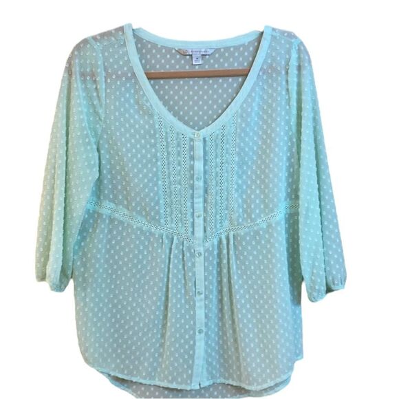 Lauren Conrad Swiss Dot Mint Green Popover 3/4 Sleeve Summer Top Size Medium - Picture 1 of 9